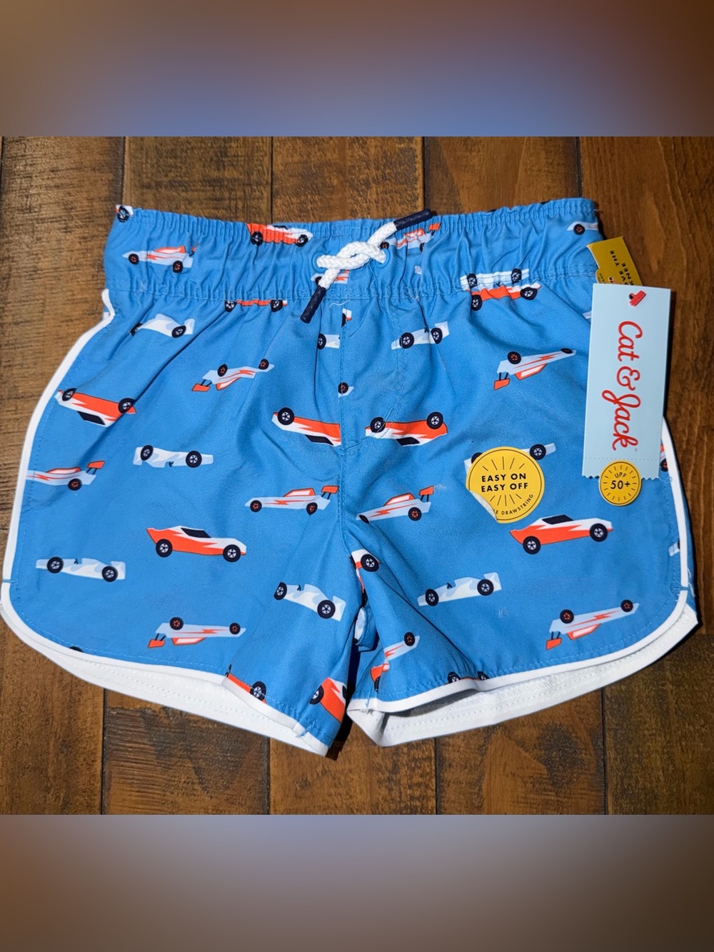 Target Cat & Jack Blue Boys Swim Trunks with Red and White Race Cars